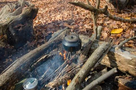 Making Tea in Camping Stock Photos