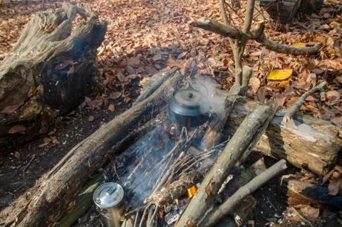 Making Tea in Camping Stock Photos
