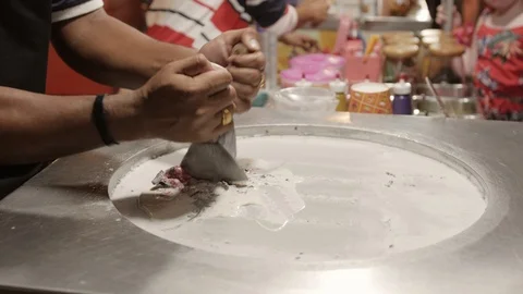 Making of Thai rolled stir-fried ice cream Stock Footage 126532614
