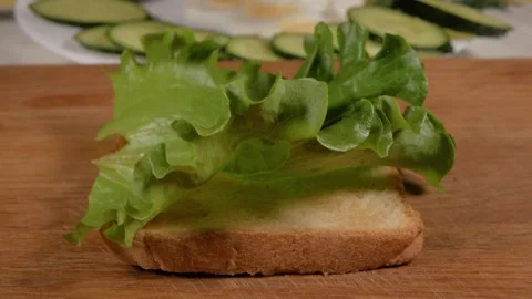 Making a toasted sandwich with lettuce, cucumber and boiled egg Stock Footage 309237942
