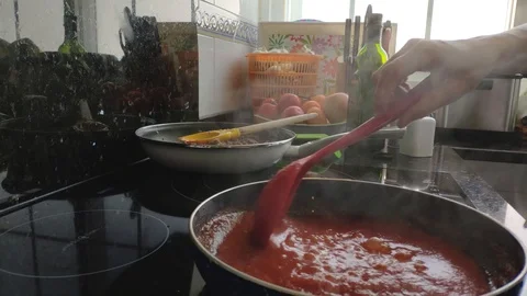 Making tomato stir-fry in the kitchen at home. Home cooking concept. Blocked Stock Footage 129229830