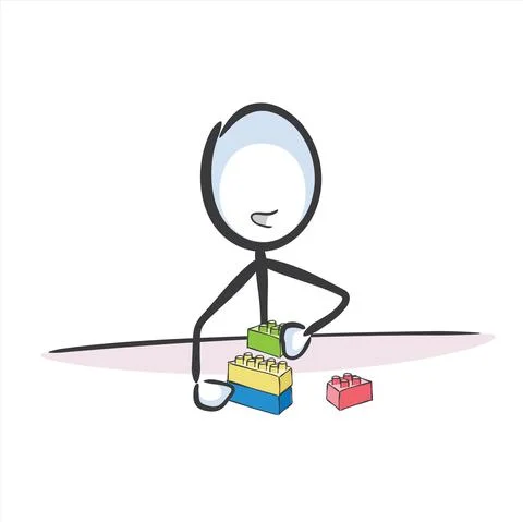 Making toy bricks pyramid. Play matching pieces. Vector simple. Stickman no face Illustrazione stock