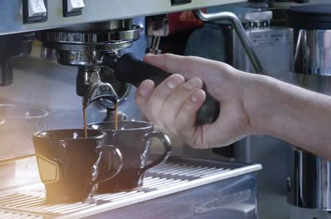 Making two cups of espresso on a machine Foto stock