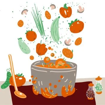 Making vegetarian soup vector concept. Pot with bulbing delicious veg food on a Stock Illustration