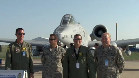 MAKS-2011. Flight and technical staff in front of American attack aircraft A-10 Stock Footage 208350258