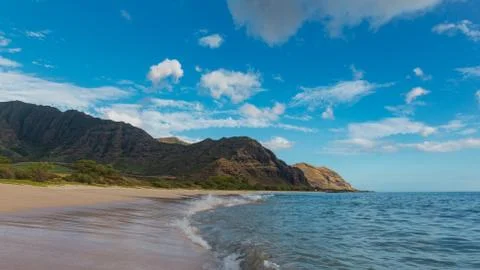 Makua beach view of the wave with beatiful mountains, Oahu island, Hawaii Stock Photos