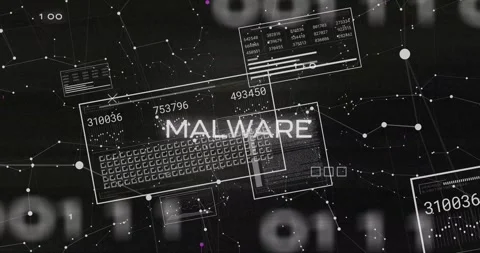 MAL overlay appearing, keyboard schematic with panels forming MALWARE, pulsing, Stock Footage 328229658