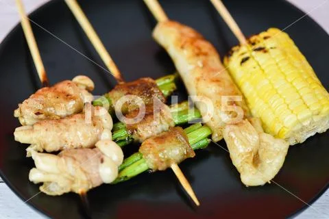 MALA Chinese BBQ - Grilled pork thai asian street food style slice pork with Stock Photos
