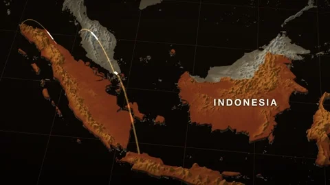 Malacca and the Java Sea 3D elevation relief map with indonesia highlighted in Stock Footage 344010658