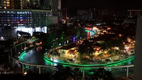 Malacca city river night time fast motions timelapse elevated historic cityscape Stock Footage 293131723
