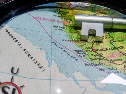 Malacca Strait and Malaysia Map Close Up with Padlock Stock Photos