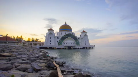 Malacca Straits Mosque 4k Timelapse (Masjid Selat Melaka), Malacca Stock Footage 200860228