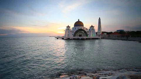 Malacca Straits mosque during sunset Stock Footage 100610270