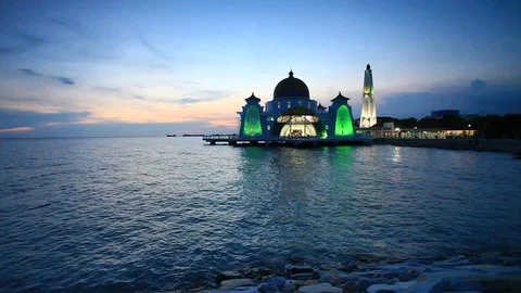 Malacca Straits Mosque during sunset Stock Footage 100610307