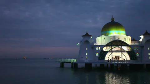 Malacca Straits Mosque with Water Reflection at Blue Hour in Malaysia 1080p Stock Footage 35754801
