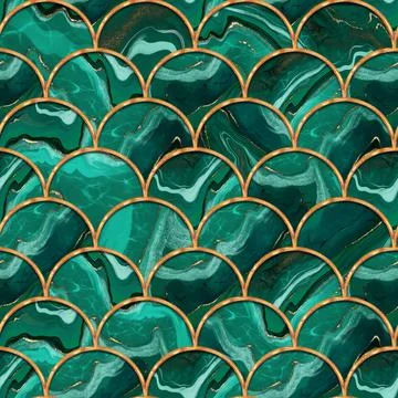 Malachite stone seamless pattern. Decorative marble effect and gold waves Illustrazione stock
