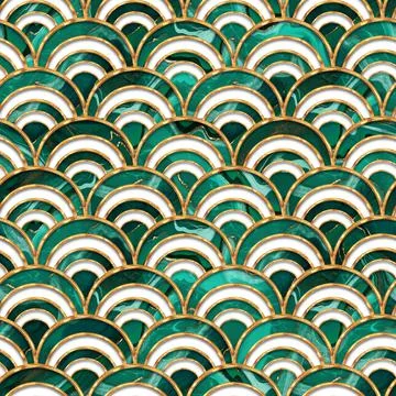 Malachite stone seamless pattern. Decorative marble effect and gold waves Stock Illustration