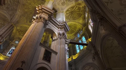 Malaga cathedral decorative stone column and high ceiling, Spain - 4K Stock Footage 311289156