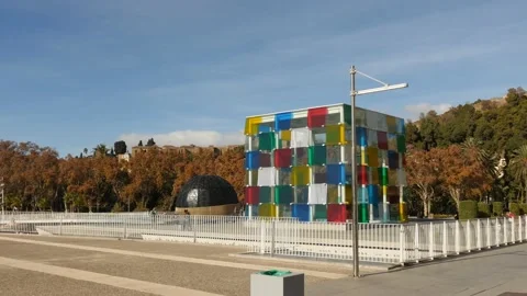 Malaga cube artwork panoramic shot in the port of the city Stock Footage 167347613