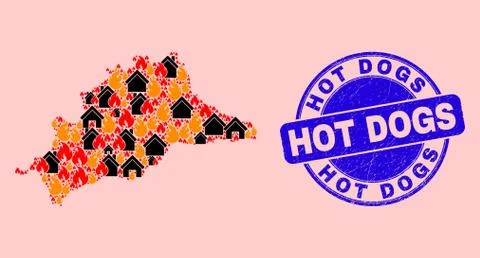 Malaga Province Map Collage of Flame and Properties and Scratched Hot Dogs Seal Ilustração Stock