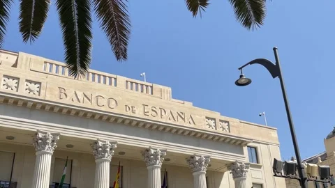 Malaga, Spain, 15th August 2024-  Establishing shot of Bank of Spain in Malaga Stock Footage 283552677