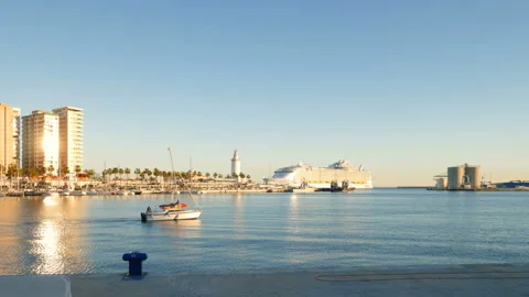 Malaga, Spain. Circa August 2018.View of the marina,lighthouse and the port of Video stock 102800928