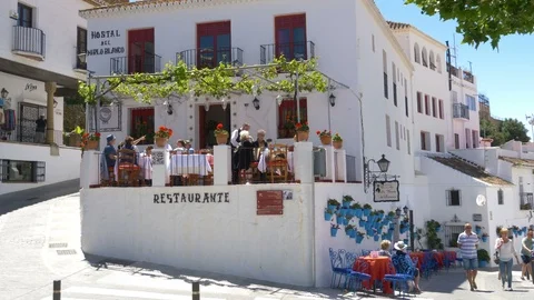 Malaga, Spain. Circa May 2018. Typical restaurant in the streets on Mijas, a Video stock 89811969