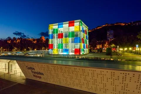 Malaga, Spain - March, 9, 2023. Centre Pompidou at night. Stock Photos