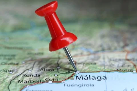 Malaga, Spain pin on map Stock Photos