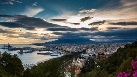 Malaga Timelapse sunset views from Gibralfaro at Parador de Turismo Video stock 45551090