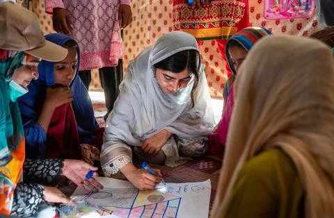 Malala visits flood-hit Pakistan 10 years after Taliban shooting, Dadu - 12 Oct  Stock Photos