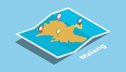 Malang indonesia java explore maps with isometric style and pin location tag  Stock Illustration