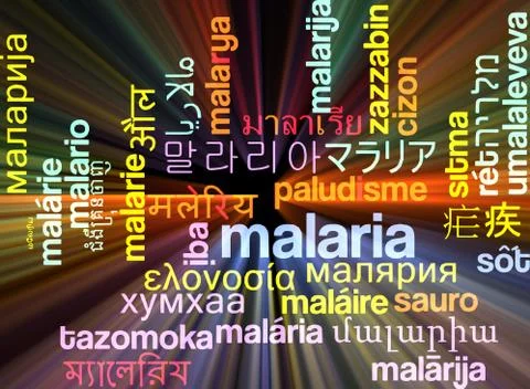 Malaria multilanguage wordcloud background concept glowing Stock Illustration