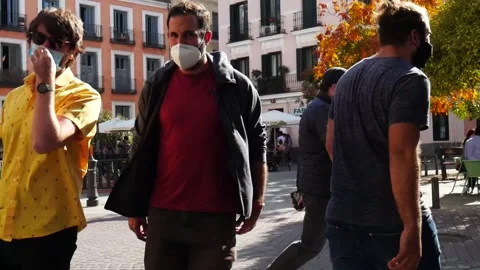 Malasaña Madrid Spain People with Masks During Covid 19 Pandemic Oct 2020 Stock Footage