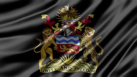 Malawi coat of arms emblem centered on a smooth flowing dark fabric Stock Footage 344041794