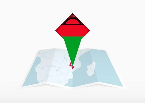 Malawi is depicted on a folded paper map and pinned location marker with fl.. Stock Illustration