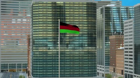 Malawi Flag 3D Render Animation on Pole with Modern Business District Buildi Video stock 332882583