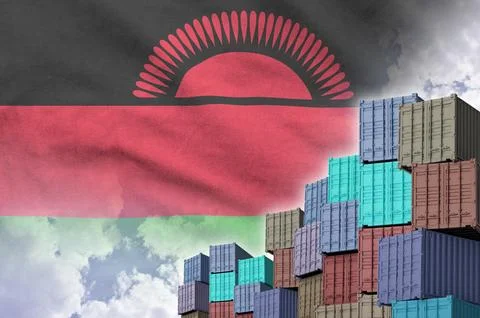 Malawi flag and big stack of shipping cargo containers in docks with sky イラスト素材