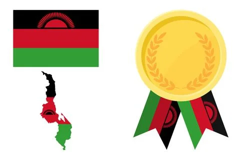 Malawi flag with map and gold medal in set for web and banners or app and gam Stock Illustration