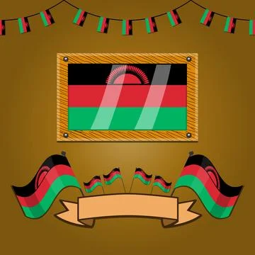 Malawi Flags On Frame Wood, Label Stock Illustration