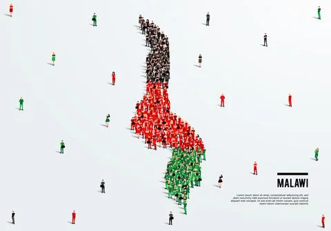 Malawi Map and Flag. A large group of people in the Malawi flag color . Stock Illustration