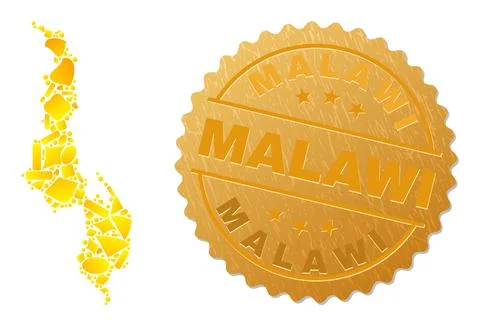 Malawi Map Collage of Golden Elements and Textured Malawi Seal 库存插图