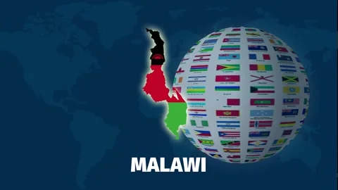 Malawi map zoom in video with rotating flag globe on blue background Stock Footage 328238378