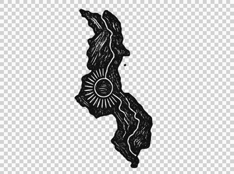 Malawi outline map with sun symbol in black and white etching. Stock Illustration