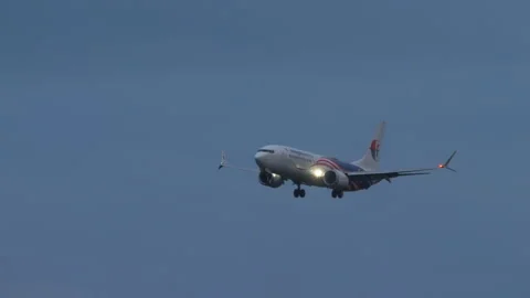 Malaysia Airlines Boeing 737 MAX 8 9M-MVD on approach at dusk Stock Footage 346864191