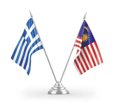 Malaysia and Greece table flags isolated on white 3D rendering Stock Illustration