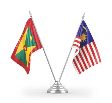 Malaysia and Grenada table flags isolated on white 3D rendering Illustrazione stock