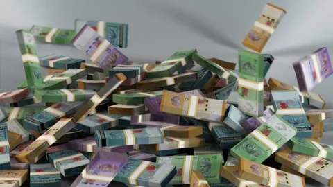 Malaysia Banknotes Money / Malaysian ringgit / Currency RM / MYR Bundles Falling Stock Footage 220919260