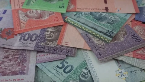 Malaysia Currency (MYR): Stack of Ringgit Malaysia bank note. selective focus Stock Footage 91772758