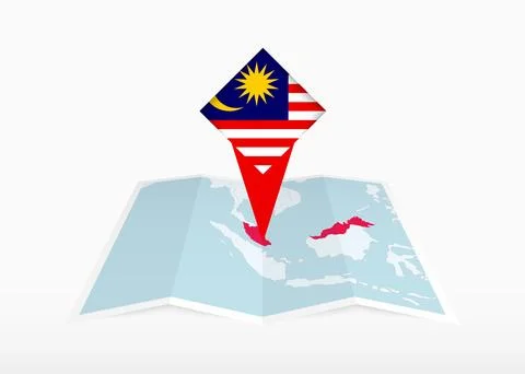 Malaysia is depicted on a folded paper map and pinned location marker with .. Stock Illustration